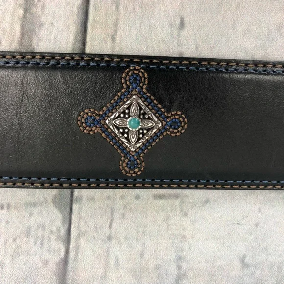 Brighton Black Embellished Embroidered Leather Belt Silver Buckle Medium… - Picture 2 of 15